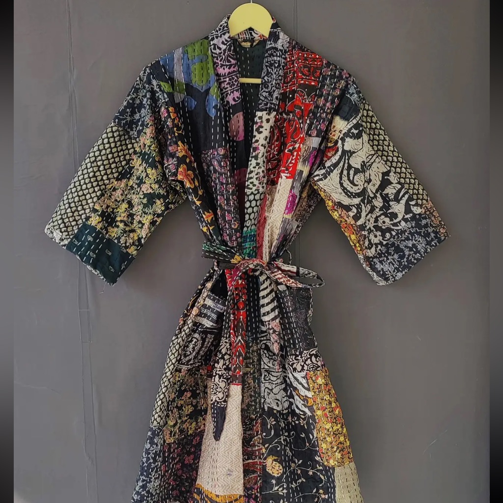 Swap Shop Exclusive Cotton Silk Robe Kantha Kimono Beach Embroidered Kimono